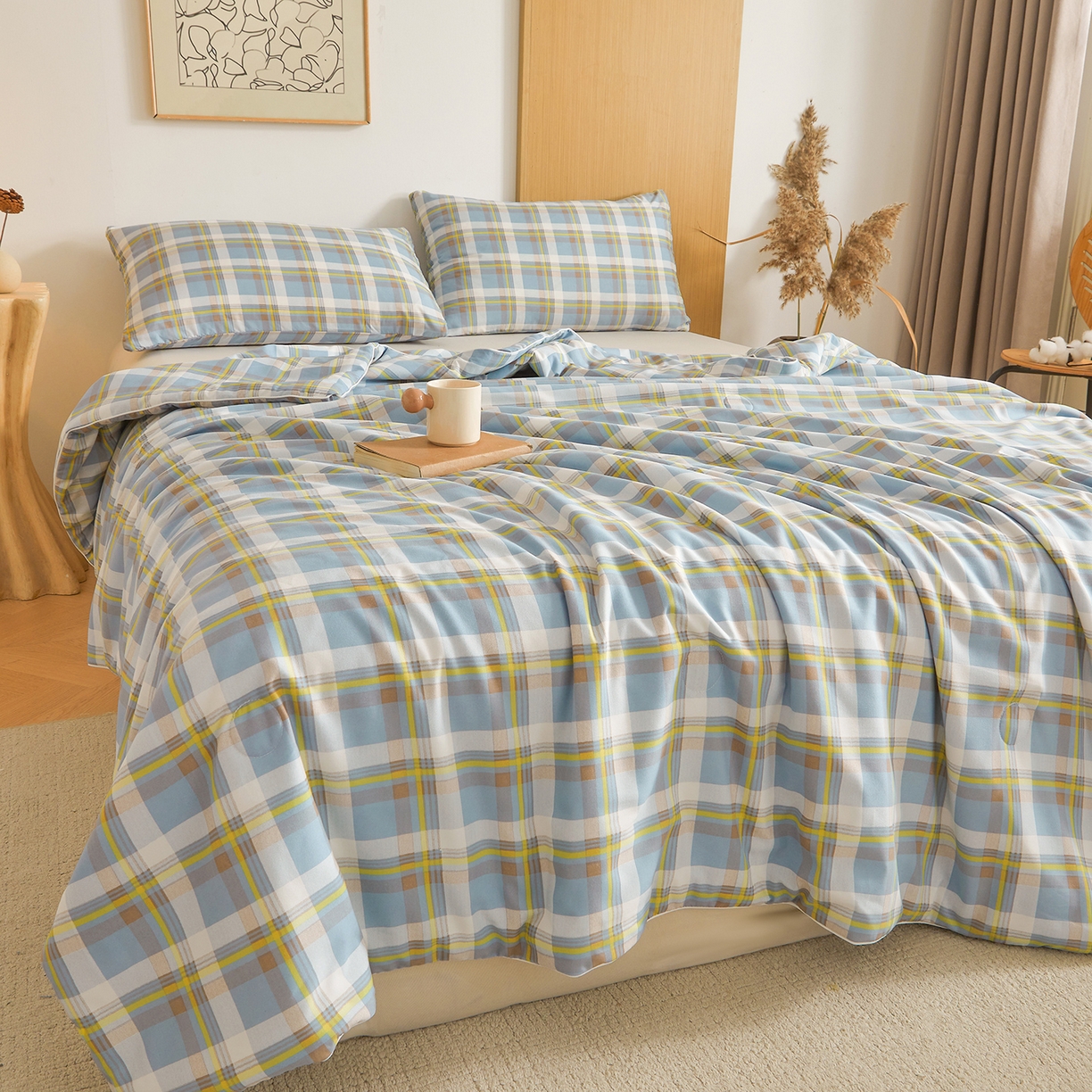 91家纺网 家纺一手货源 找家纺 景眠 2026新款水洗棉格子夏被 沐雅格 蓝