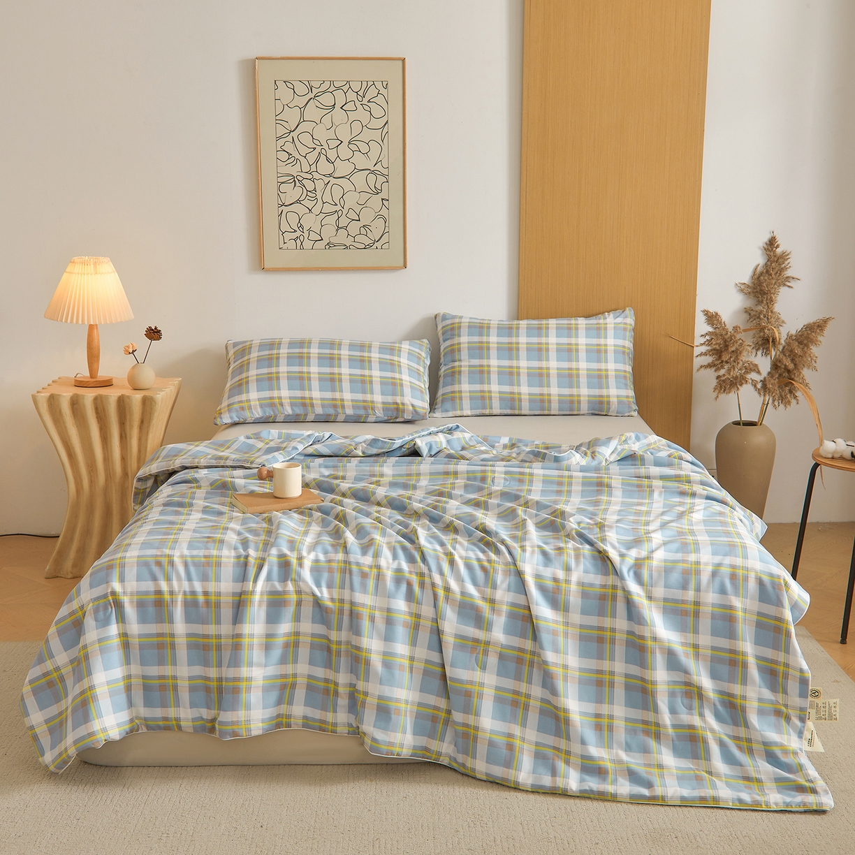 91家纺网 家纺一手货源 找家纺 景眠 2026新款水洗棉格子夏被 沐雅格 蓝