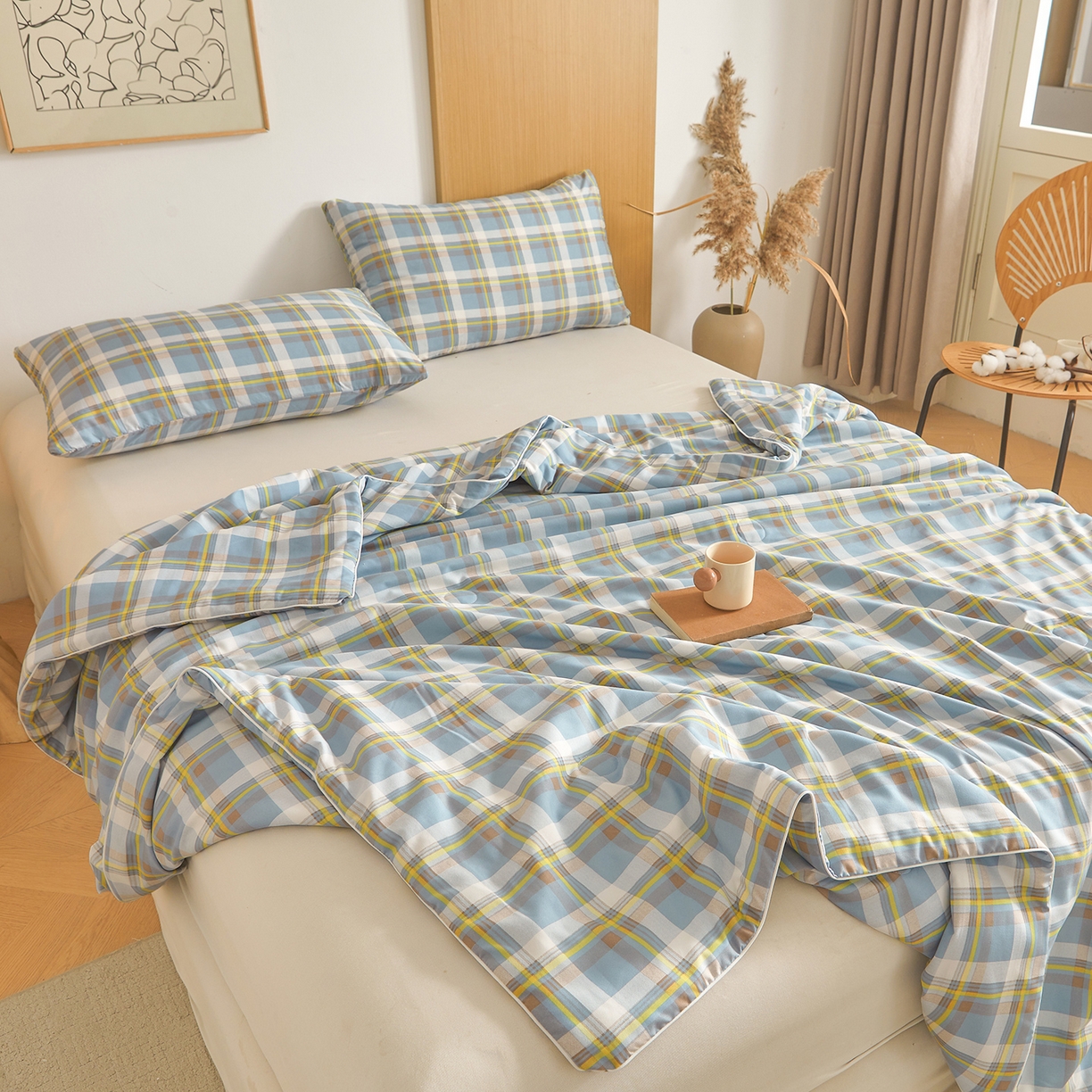 91家纺网 家纺一手货源 找家纺 景眠 2026新款水洗棉格子夏被 沐雅格 蓝