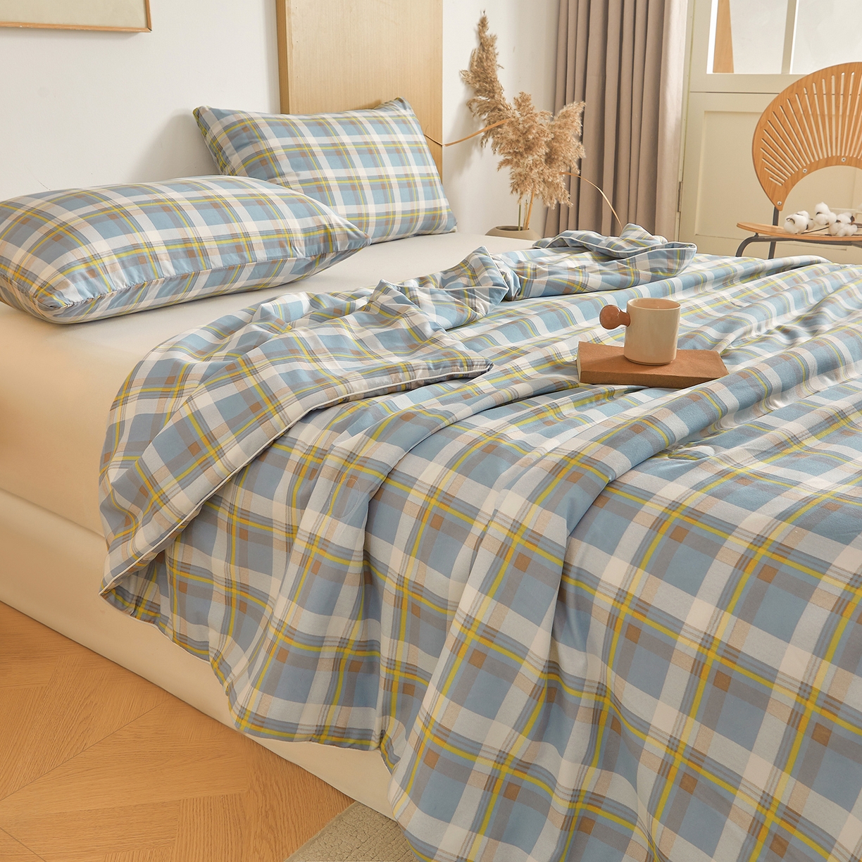 91家纺网 家纺一手货源 找家纺 景眠 2026新款水洗棉格子夏被 沐雅格 蓝