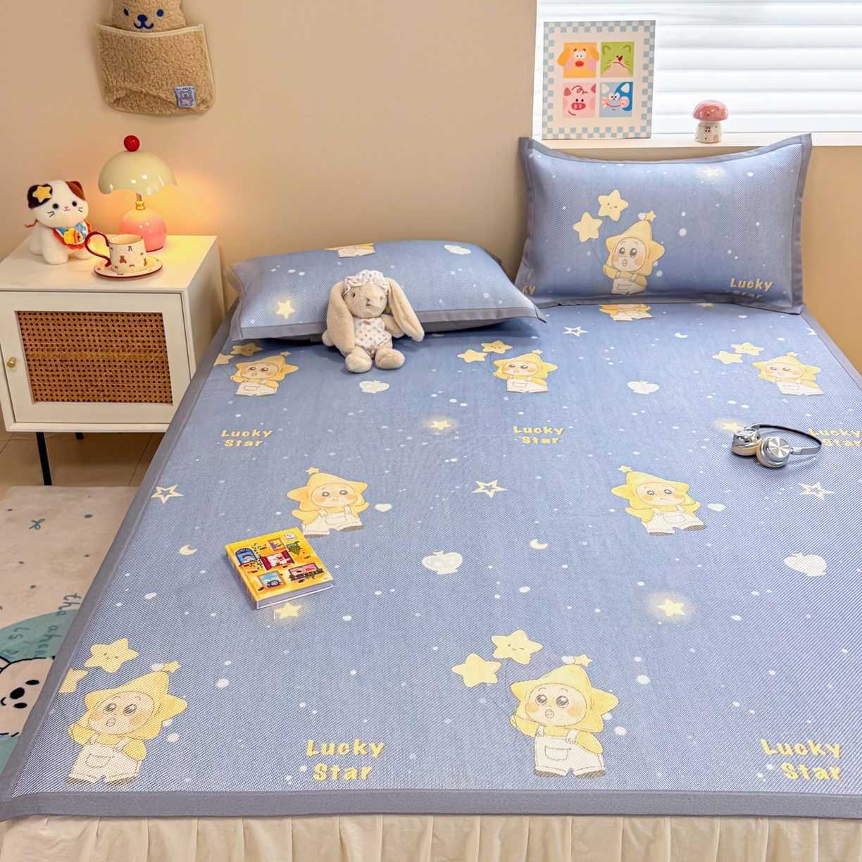 91家纺网 家纺一手货源 找家纺 沐慕 2026新款高克重600D冰丝印花冰藤席 冰藤-星愿小福星