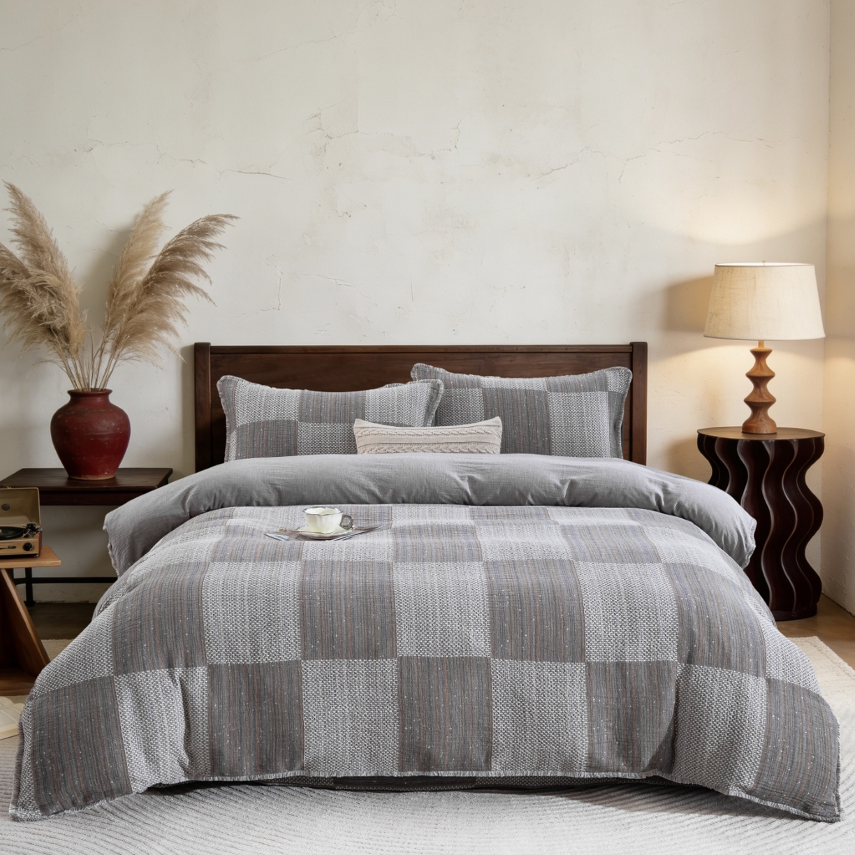 仰望棉麻双层纱供应链 2026新款棉麻流苏款四件套 格序-灰色