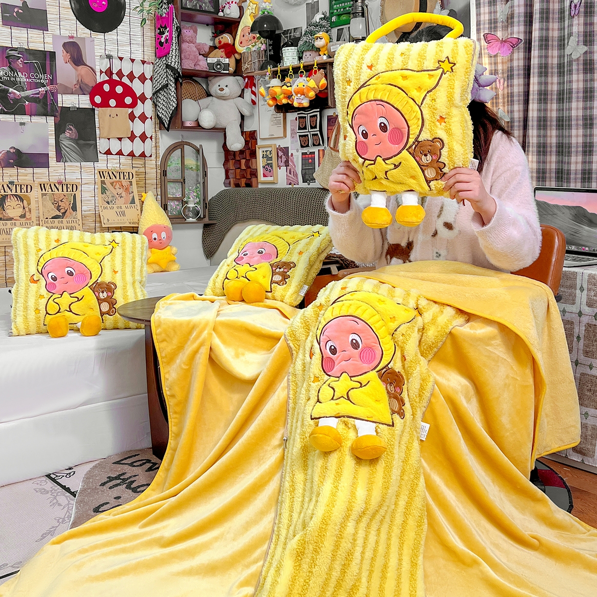 91家纺网 家纺一手货源 找家纺 古本家居 2026春夏新款多巴胺网红风星星抱枕毯 星星抱枕毯黄小宝