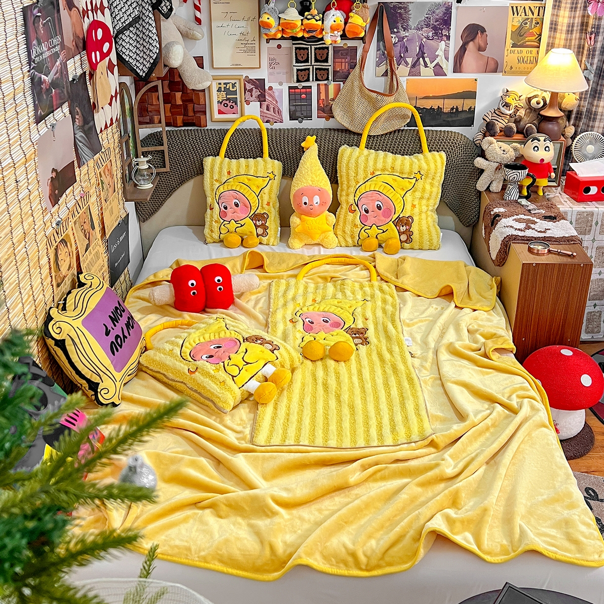 91家纺网 家纺一手货源 找家纺 古本家居 2026春夏新款多巴胺网红风星星抱枕毯 星星抱枕毯黄小宝