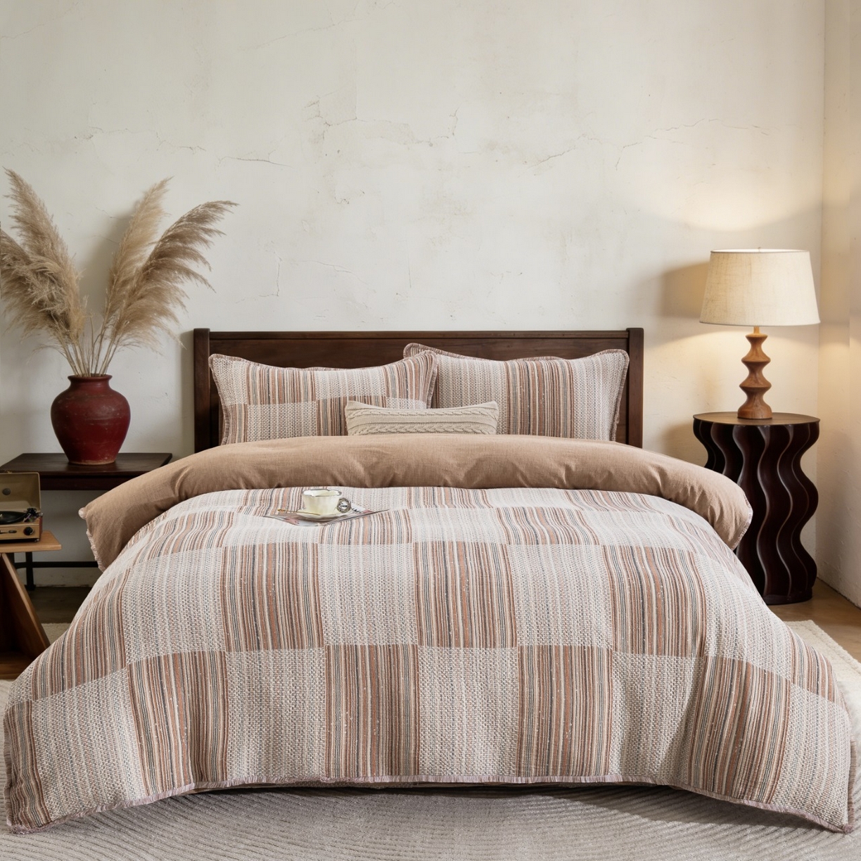 仰望棉麻双层纱供应链 2026新款棉麻流苏款四件套 格序-咖色