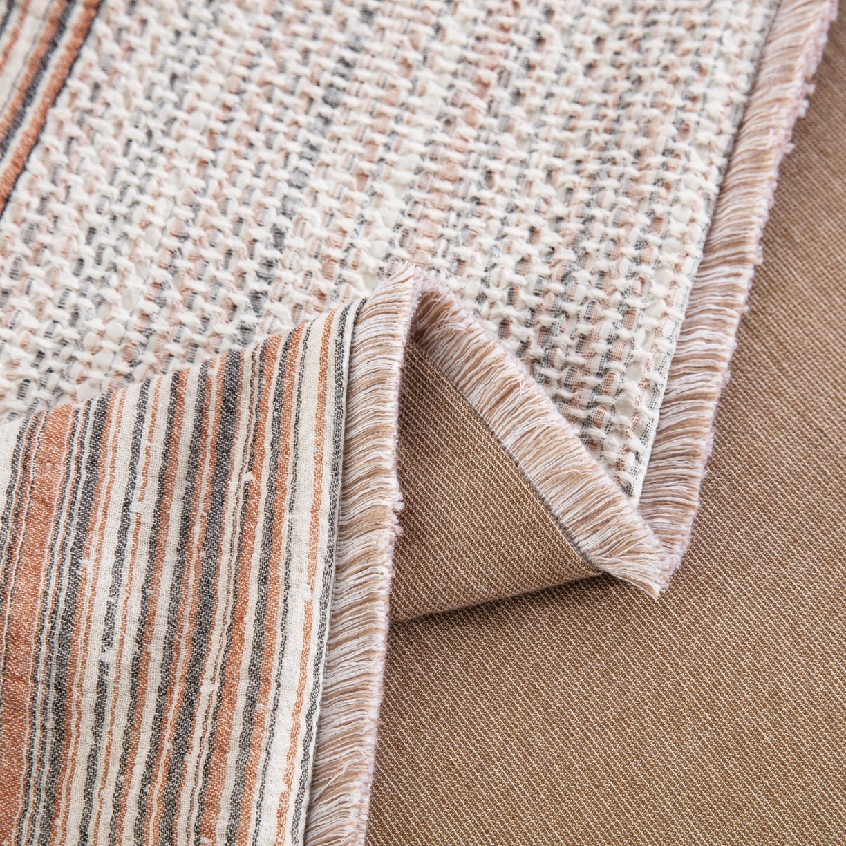 91家纺网 家纺一手货源 找家纺 仰望棉麻双层纱供应链 2026新款棉麻流苏款四件套 格序-咖色