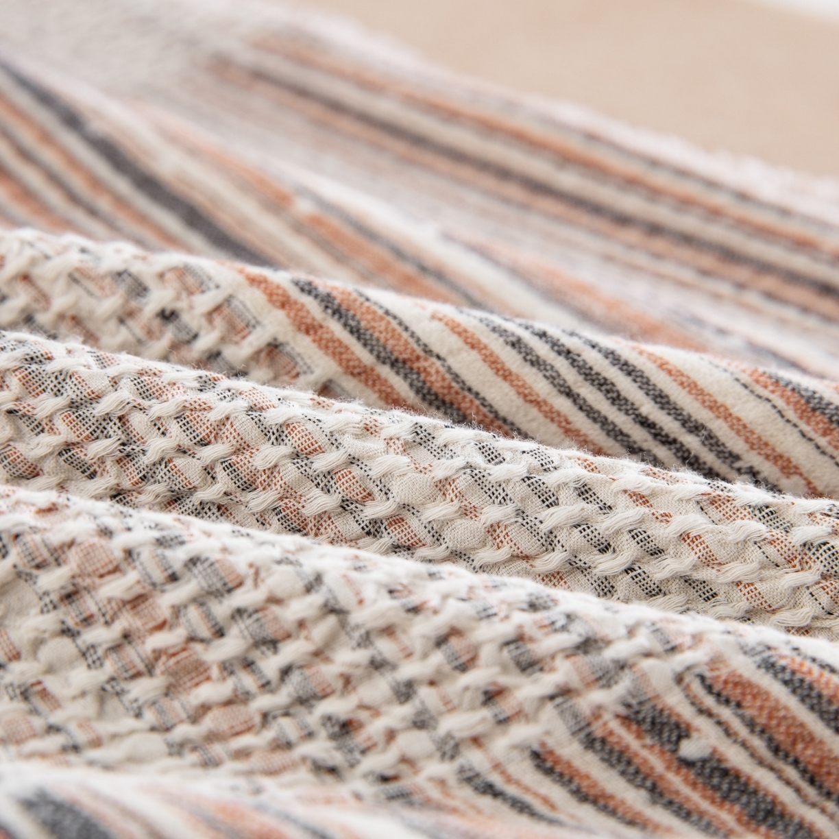 91家纺网 家纺一手货源 找家纺 仰望棉麻双层纱供应链 2026新款棉麻流苏款四件套 格序-咖色