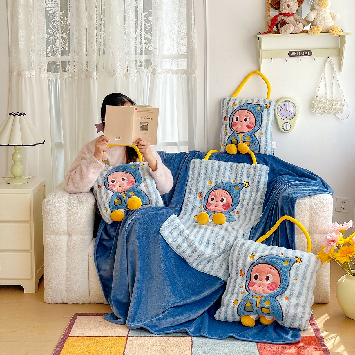 91家纺网 家纺一手货源 找家纺 古本家居 2026春夏新款多巴胺网红风星星抱枕毯 星星抱枕毯蓝小宝