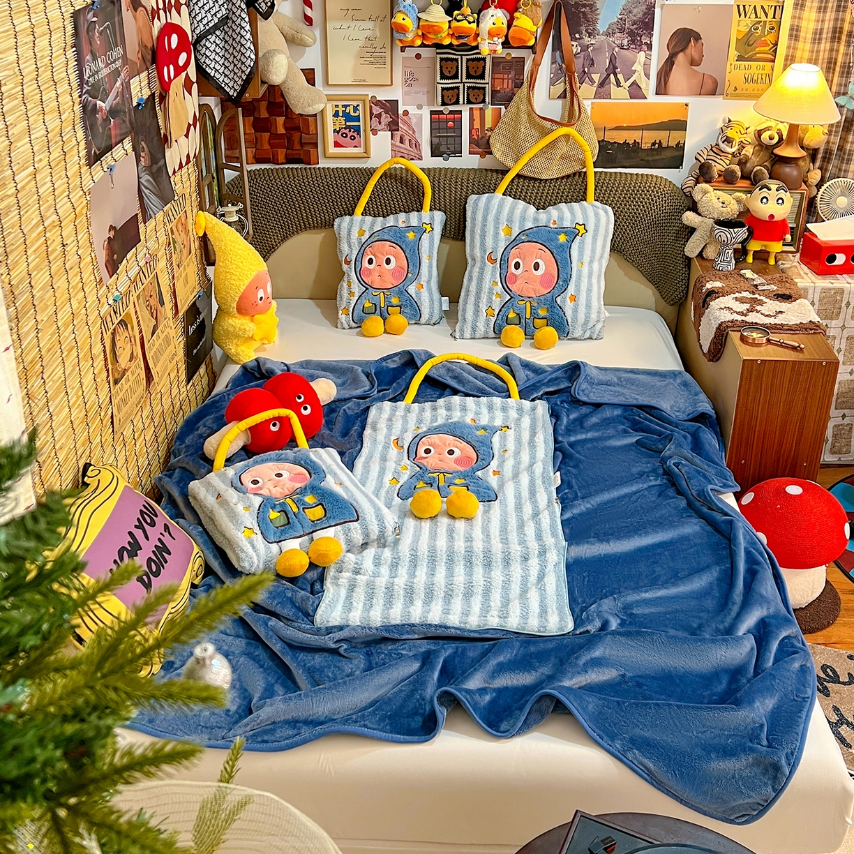 91家纺网 家纺一手货源 找家纺 古本家居 2026春夏新款多巴胺网红风星星抱枕毯 星星抱枕毯蓝小宝