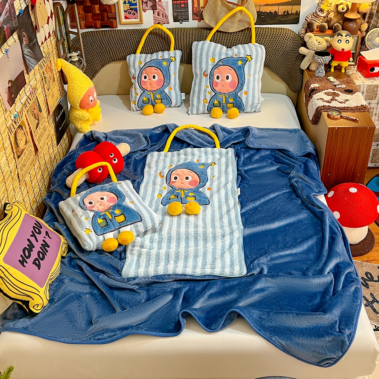 91家纺网 家纺一手货源 找家纺 古本家居 2026春夏新款多巴胺网红风星星抱枕毯 星星抱枕毯蓝小宝