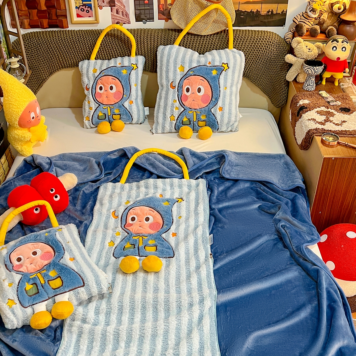 91家纺网 家纺一手货源 找家纺 古本家居 2026春夏新款多巴胺网红风星星抱枕毯 星星抱枕毯蓝小宝