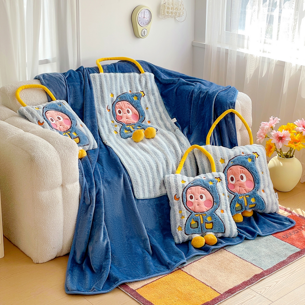 91家纺网 家纺一手货源 找家纺 古本家居 2026春夏新款多巴胺网红风星星抱枕毯 星星抱枕毯蓝小宝