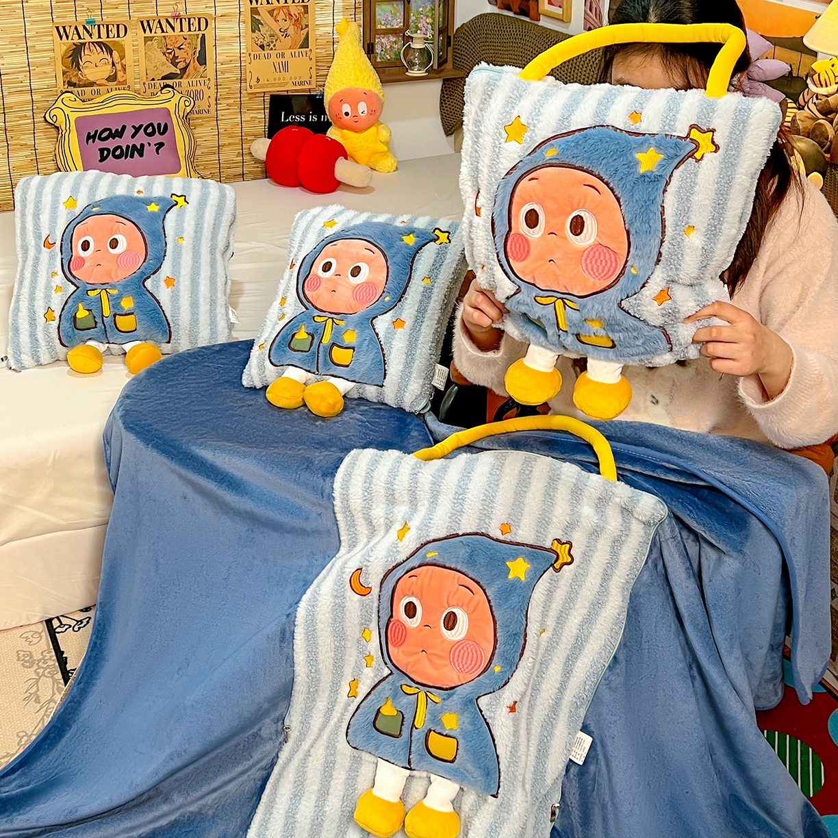 91家纺网 家纺一手货源 找家纺 古本家居 2026春夏新款多巴胺网红风星星抱枕毯 星星抱枕毯蓝小宝