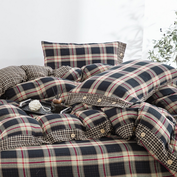 91家纺网 家纺一手货源 找家纺 （总）仰望棉麻双层纱供应链 2026新款黑大格全棉色织提花双层纱纽扣款