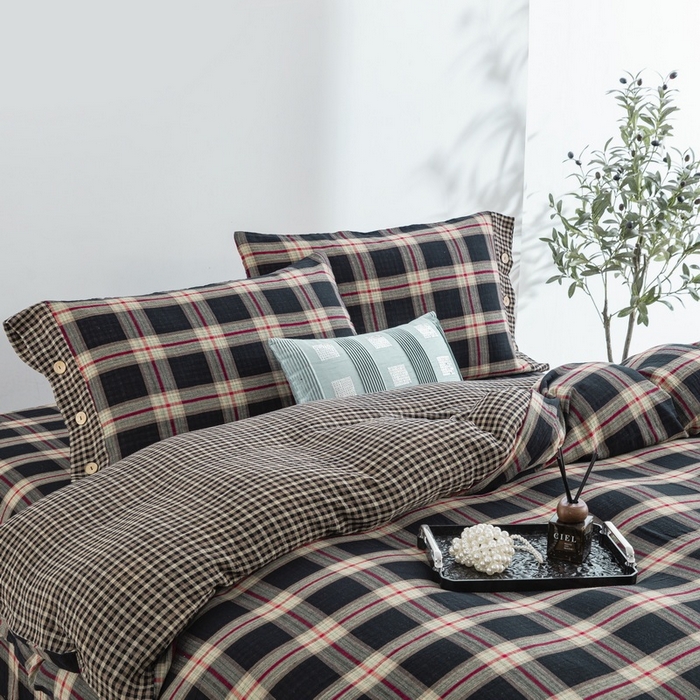 91家纺网 家纺一手货源 找家纺 仰望棉麻双层纱供应链 2026新款全棉纯棉色织水洗棉床盖三四件套 米亚-粉+小密格-灰