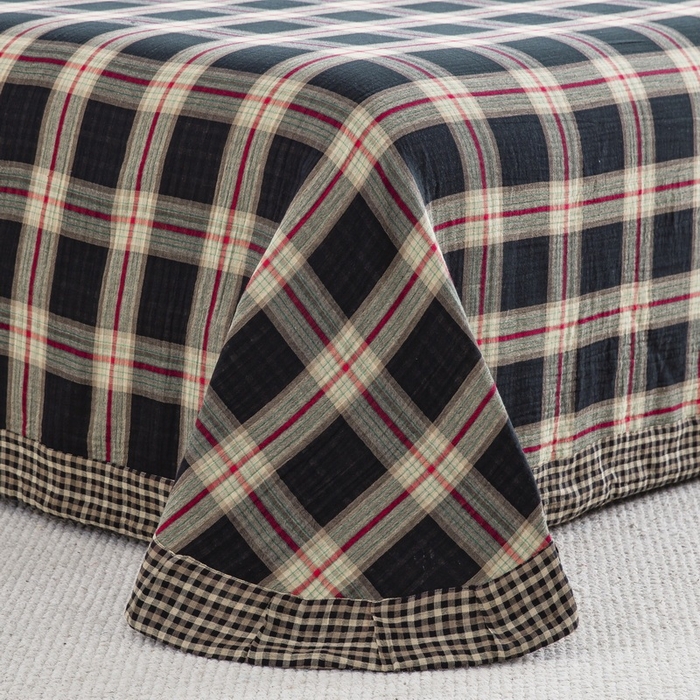 91家纺网 家纺一手货源 找家纺 （总）仰望棉麻双层纱供应链 2026新款黑大格全棉色织提花双层纱纽扣款