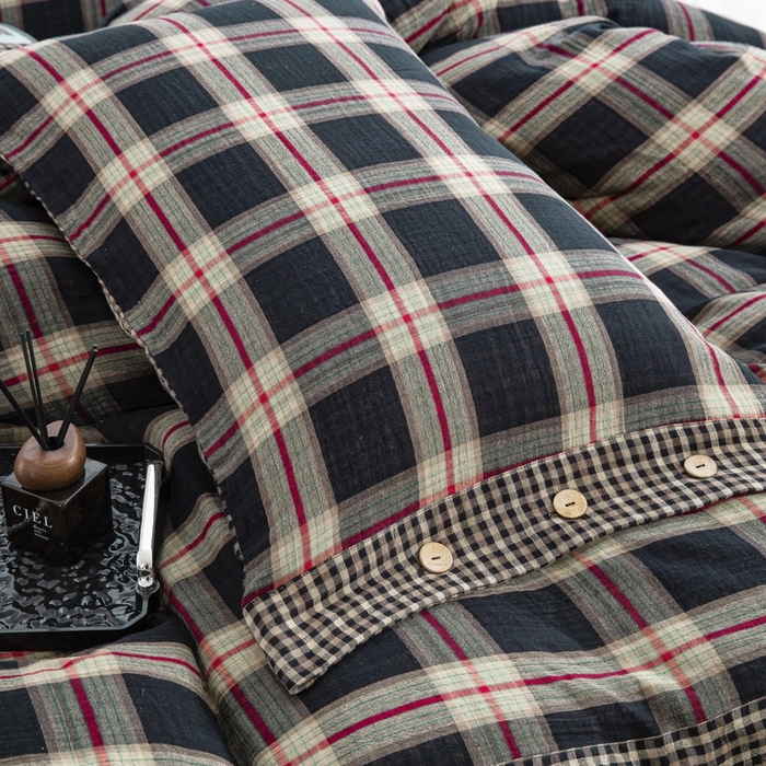 91家纺网 家纺一手货源 找家纺 （总）仰望棉麻双层纱供应链 2026新款黑大格全棉色织提花双层纱纽扣款