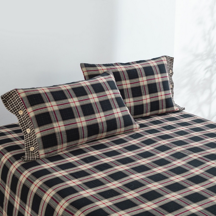 91家纺网 家纺一手货源 找家纺 （总）仰望棉麻双层纱供应链 2026新款黑大格全棉色织提花双层纱纽扣款