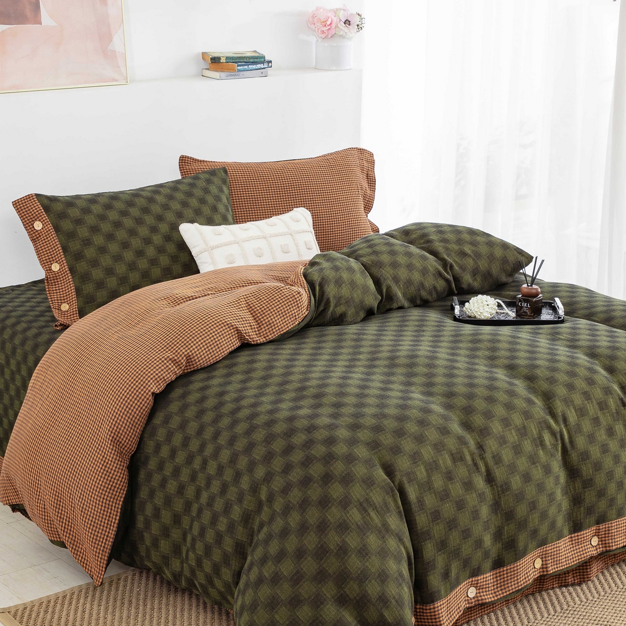 91家纺网 家纺一手货源 找家纺 （总）仰望棉麻双层纱供应链 2026新款朦胧格全棉色织提花双层纱纽扣款