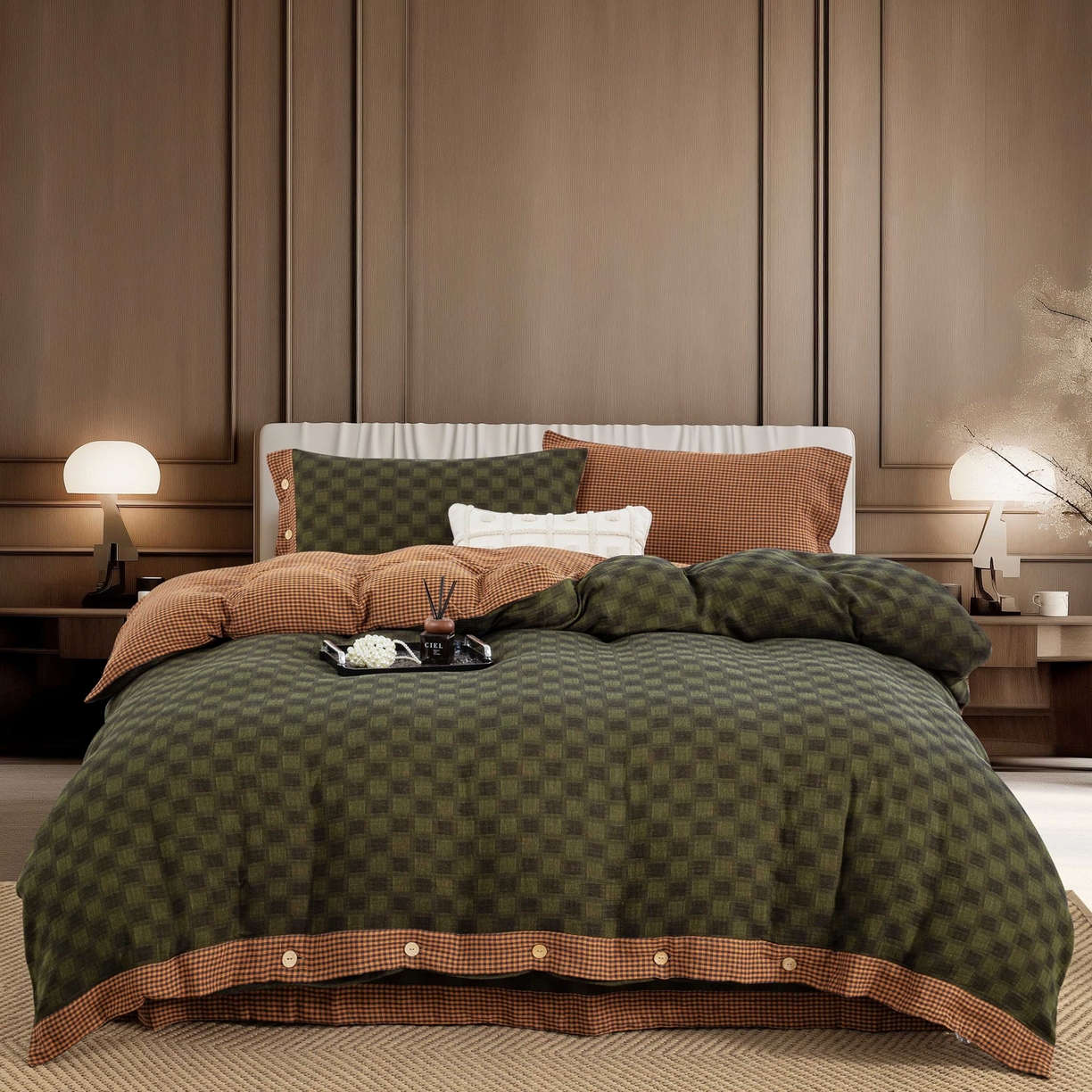 仰望棉麻双层纱供应链 2026新款朦胧格全棉色织提花双层纱纽扣款 朦胧格-绿色