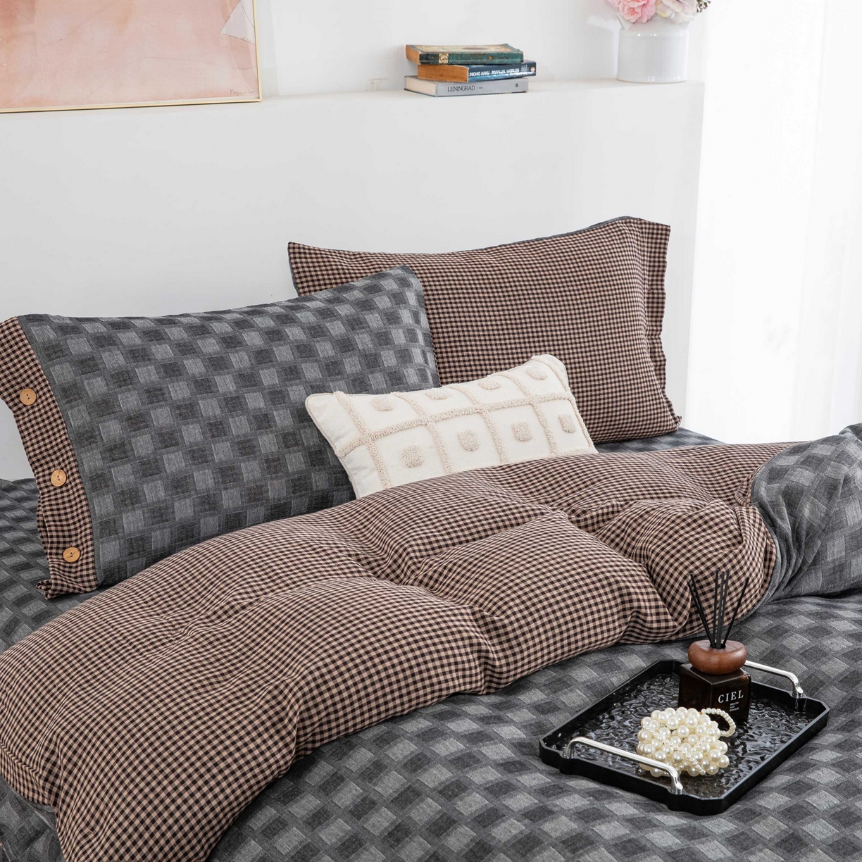 91家纺网 家纺一手货源 找家纺 仰望棉麻双层纱供应链 2026新款朦胧格全棉色织提花双层纱纽扣款 朦胧格-浅灰