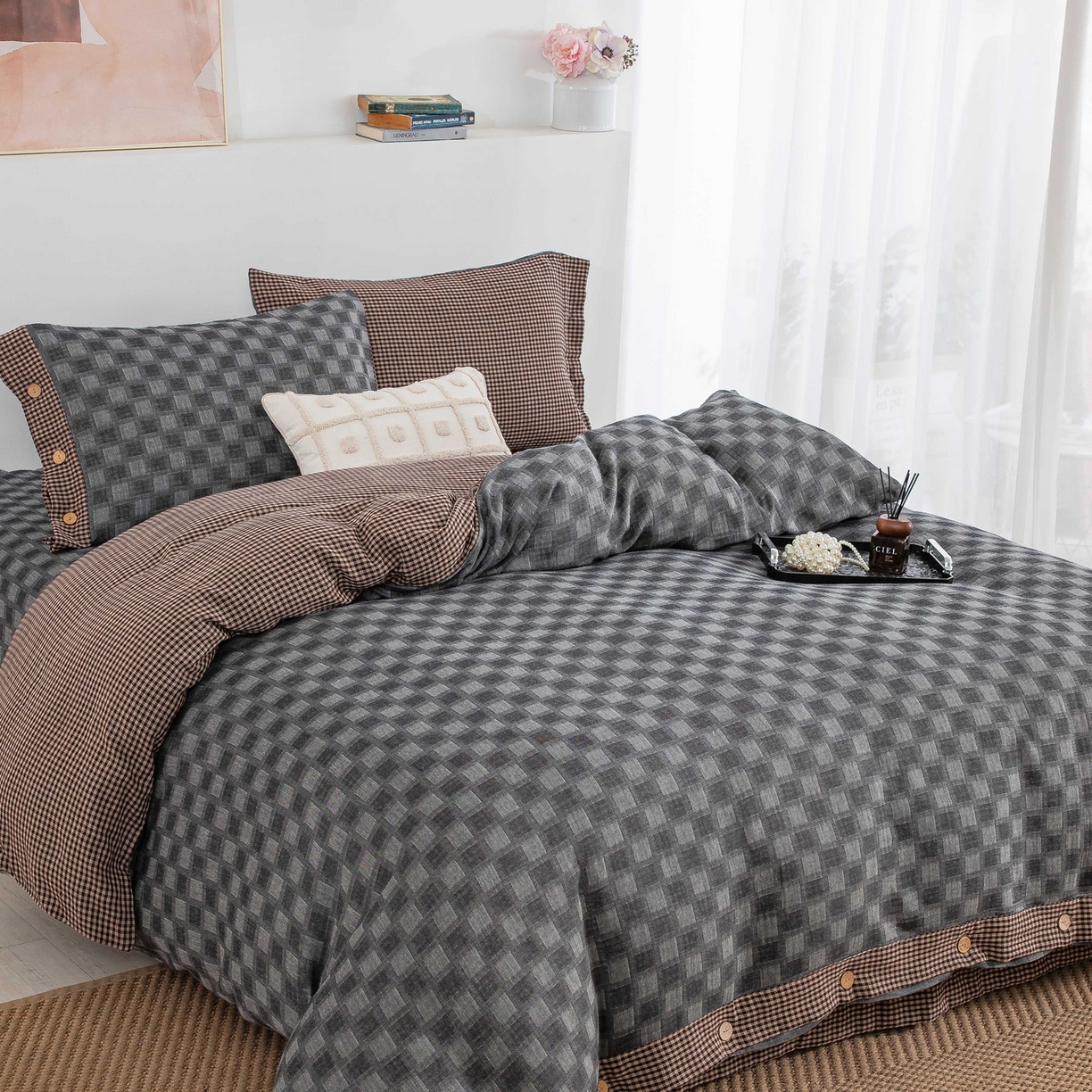 91家纺网 家纺一手货源 找家纺 仰望棉麻双层纱供应链 2026新款朦胧格全棉色织提花双层纱纽扣款 朦胧格-浅灰