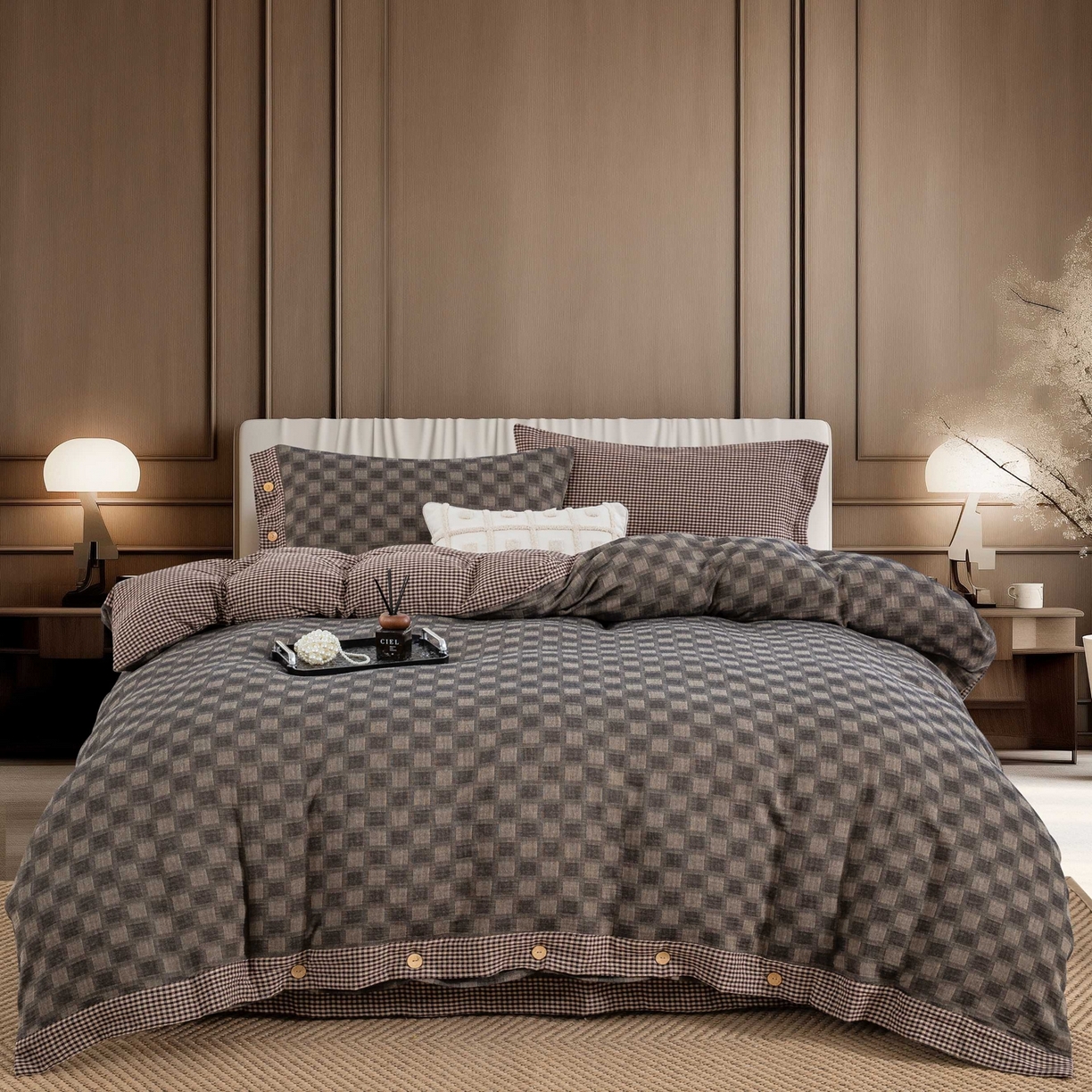 仰望棉麻双层纱供应链 2026新款朦胧格全棉色织提花双层纱纽扣款 朦胧格-深灰