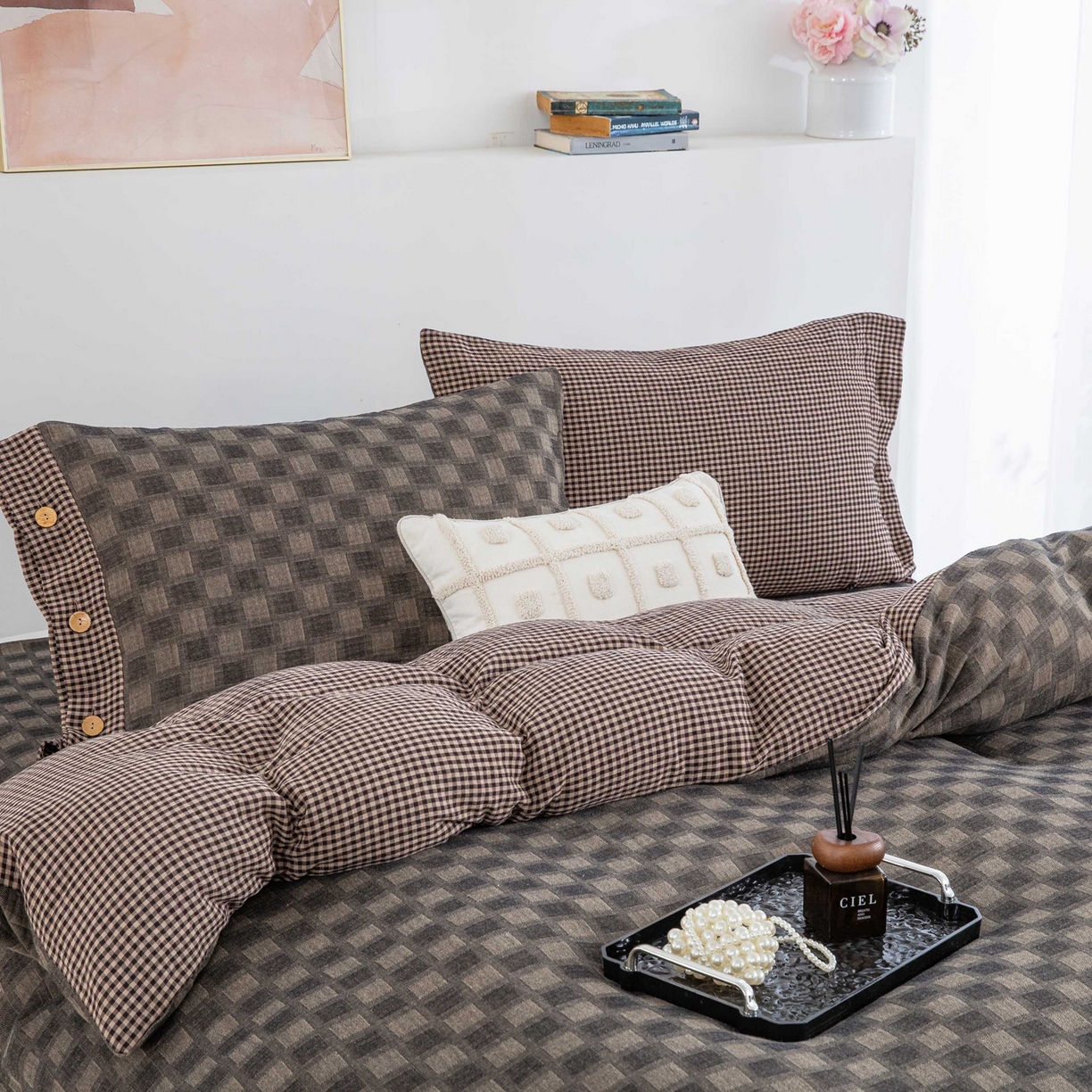 91家纺网 家纺一手货源 找家纺 仰望棉麻双层纱供应链 2026新款朦胧格全棉色织提花双层纱纽扣款 朦胧格-深灰