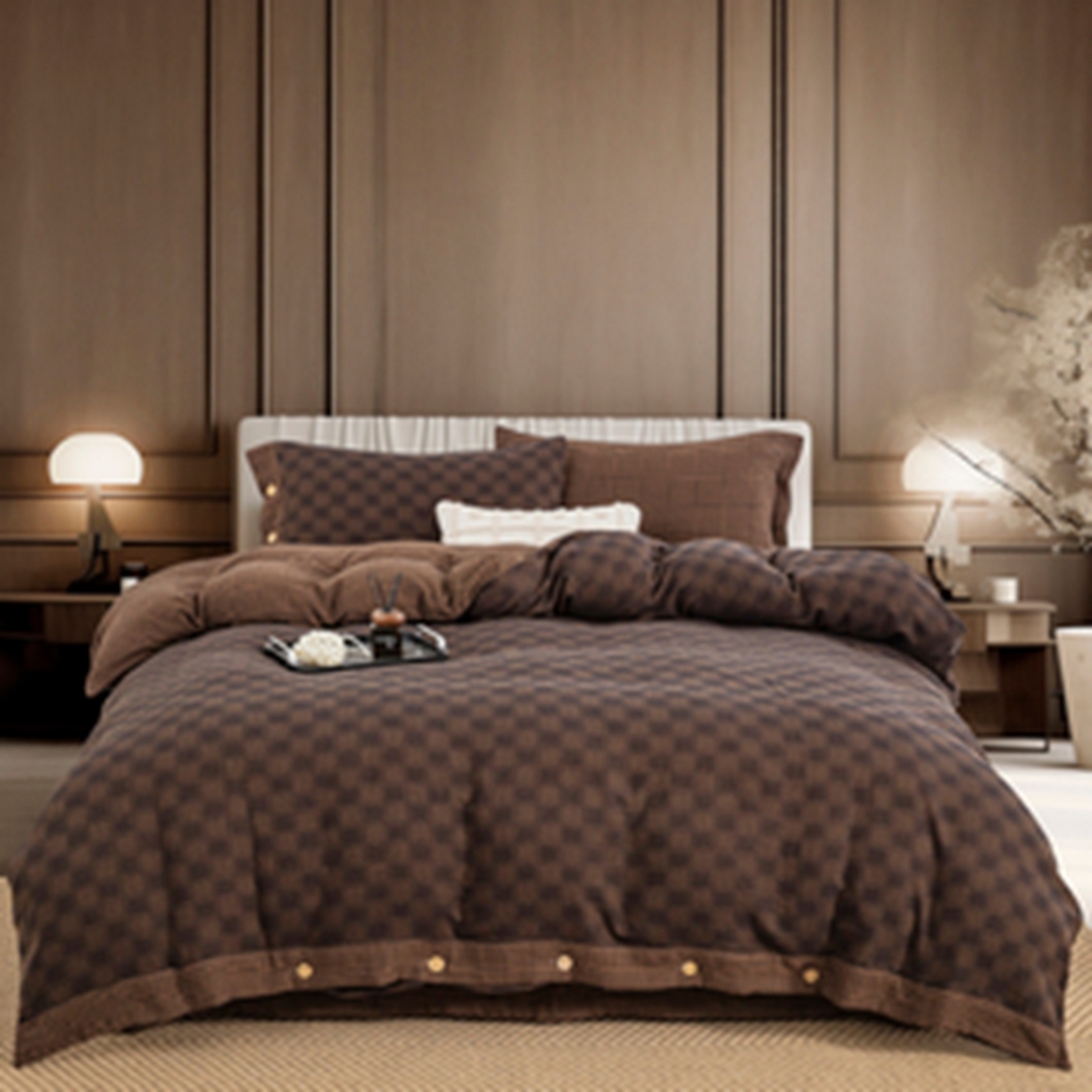 仰望棉麻双层纱供应链 2026新款朦胧格全棉色织提花双层纱纽扣款 朦胧格-深咖