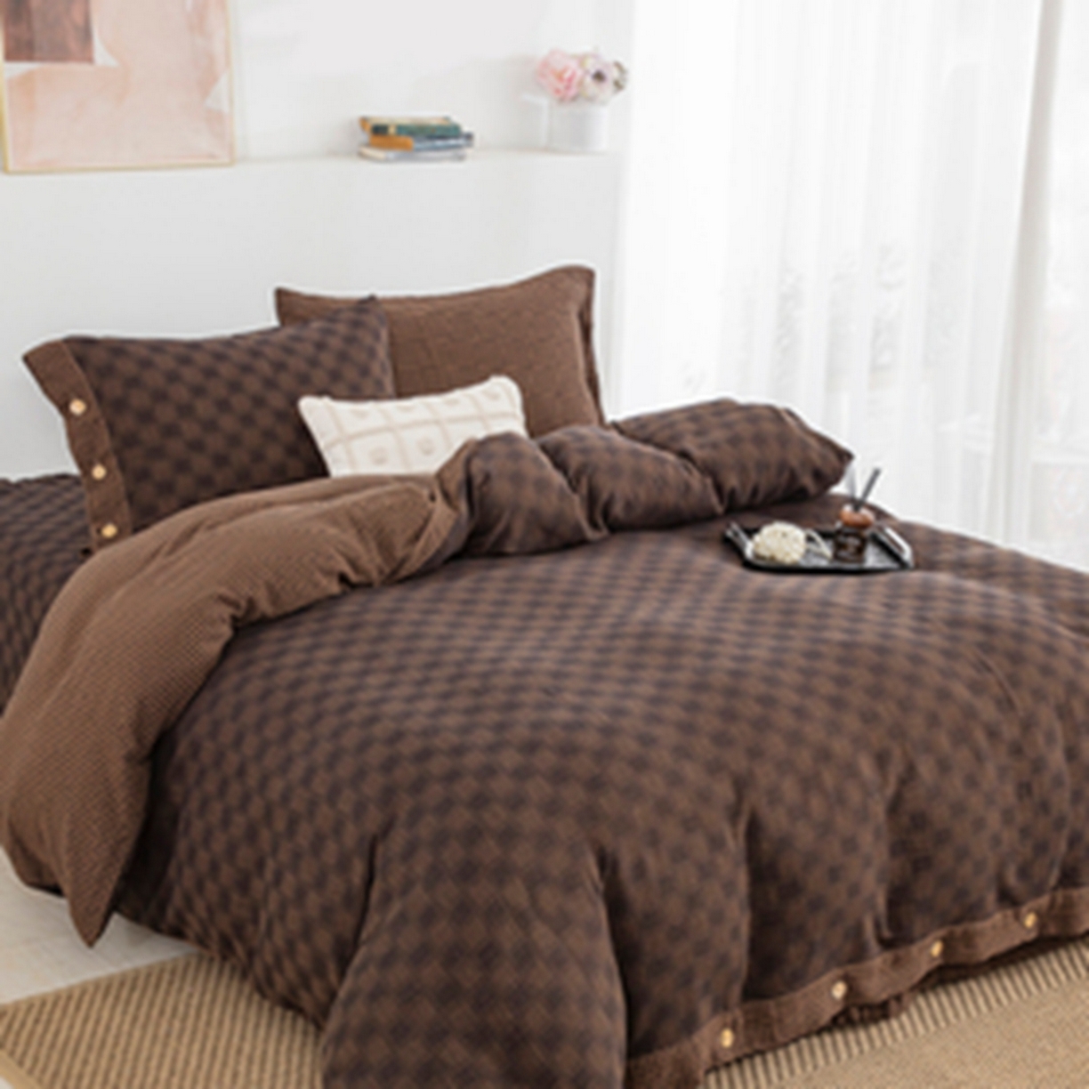 91家纺网 家纺一手货源 找家纺 仰望棉麻双层纱供应链 2026新款朦胧格全棉色织提花双层纱纽扣款 朦胧格-深咖