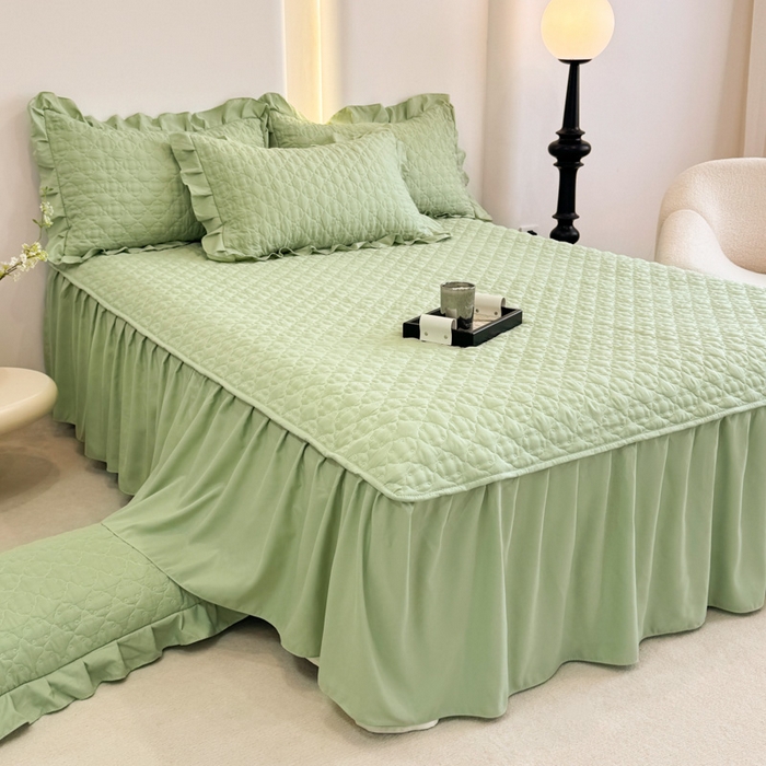 91家纺网 家纺一手货源 找家纺 野合家纺 2026新款A类水洗棉纯色夹棉床裙单床裙床裙单件 抹茶绿