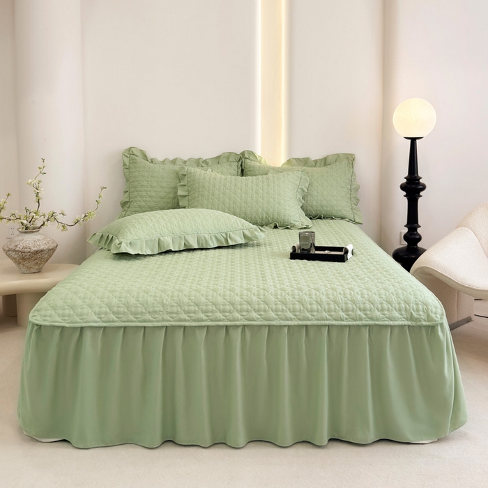 91家纺网 家纺一手货源 找家纺 野合家纺 2026新款A类水洗棉纯色夹棉床裙单床裙床裙单件 抹茶绿