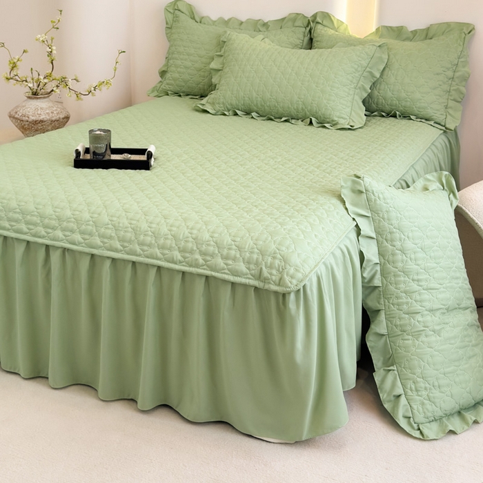 91家纺网 家纺一手货源 找家纺 野合家纺 2026新款A类水洗棉纯色夹棉床裙单床裙床裙单件 抹茶绿