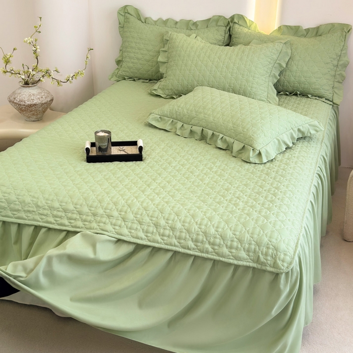 91家纺网 家纺一手货源 找家纺 野合家纺 2026新款A类水洗棉纯色夹棉床裙单床裙床裙单件 抹茶绿