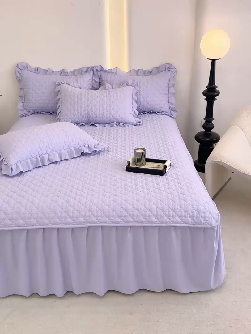 91家纺网 家纺一手货源 找家纺 野合家纺 2026新款A类水洗棉纯色夹棉床裙单床裙床裙单件 浅紫