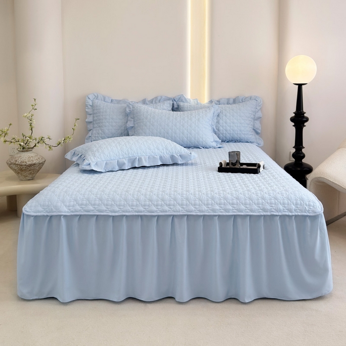 91家纺网 家纺一手货源 找家纺 野合家纺 2026新款A类水洗棉纯色夹棉床裙单床裙床裙单件 天蓝