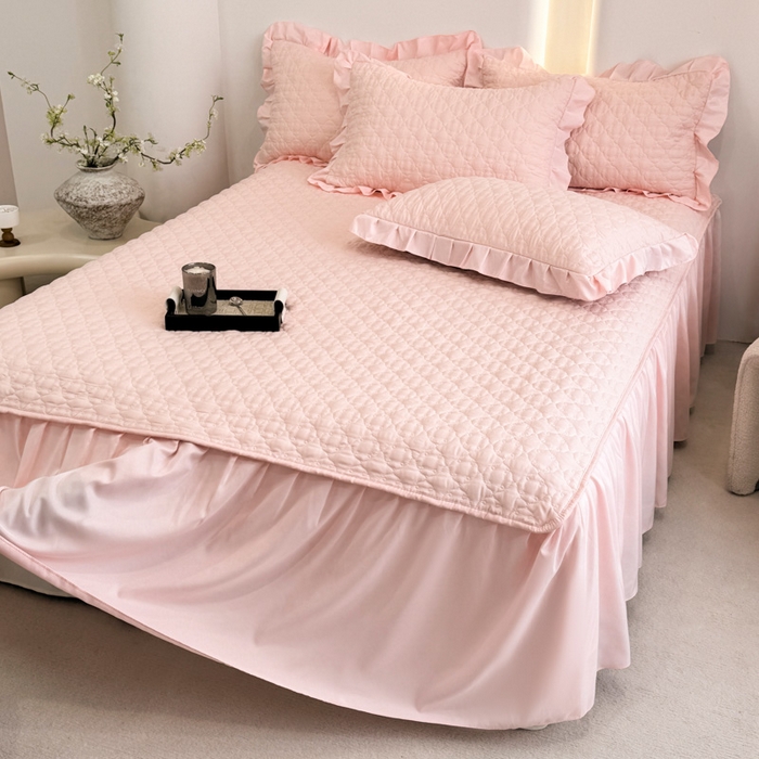 91家纺网 家纺一手货源 找家纺 野合家纺 2026新款A类水洗棉纯色夹棉床裙单床裙床裙单件 玉色