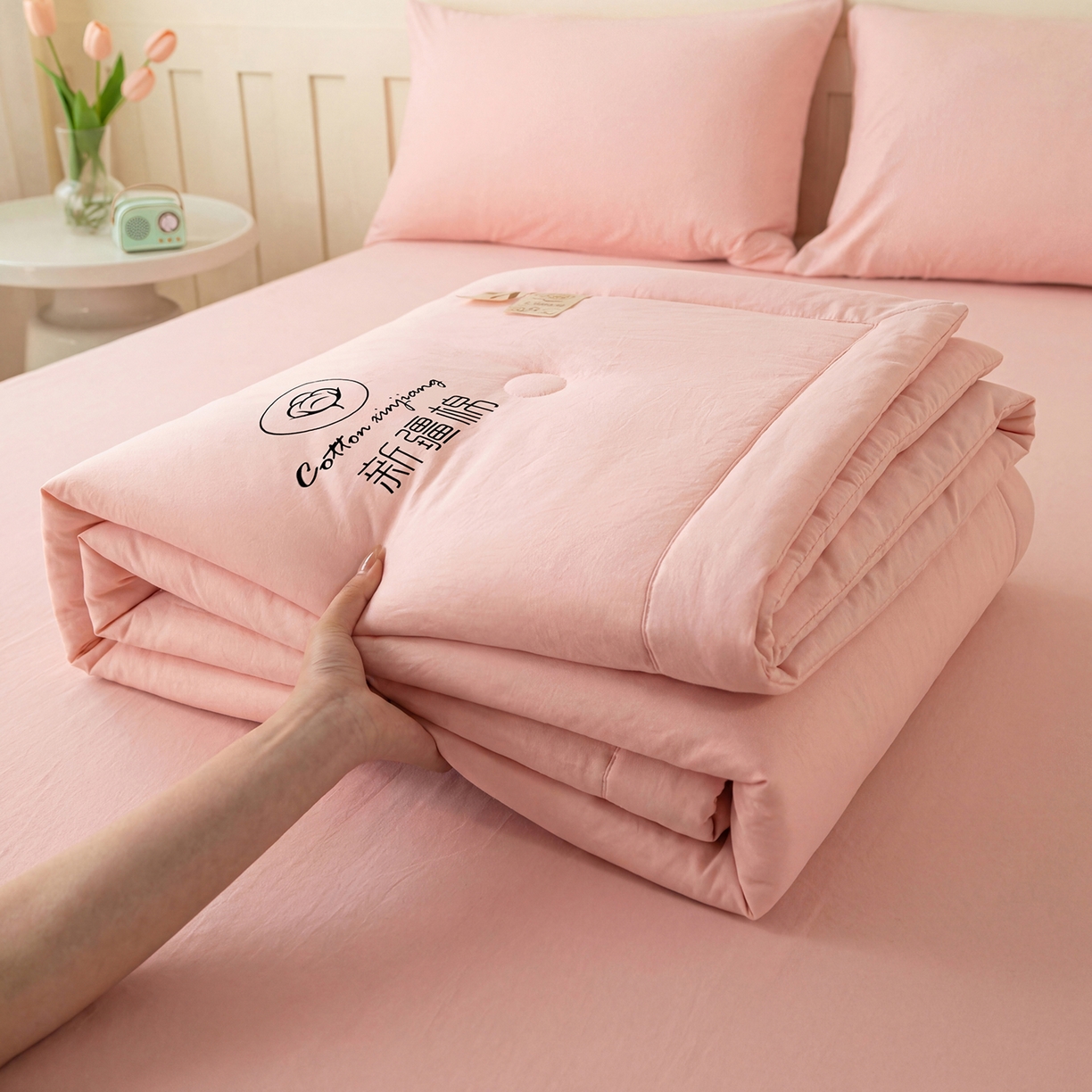 91家纺网 家纺一手货源 找家纺 安琪家纺 2026春夏新款A类新疆棉花纯色撞色双拼夏被夏凉被空调被 纯色-粉色