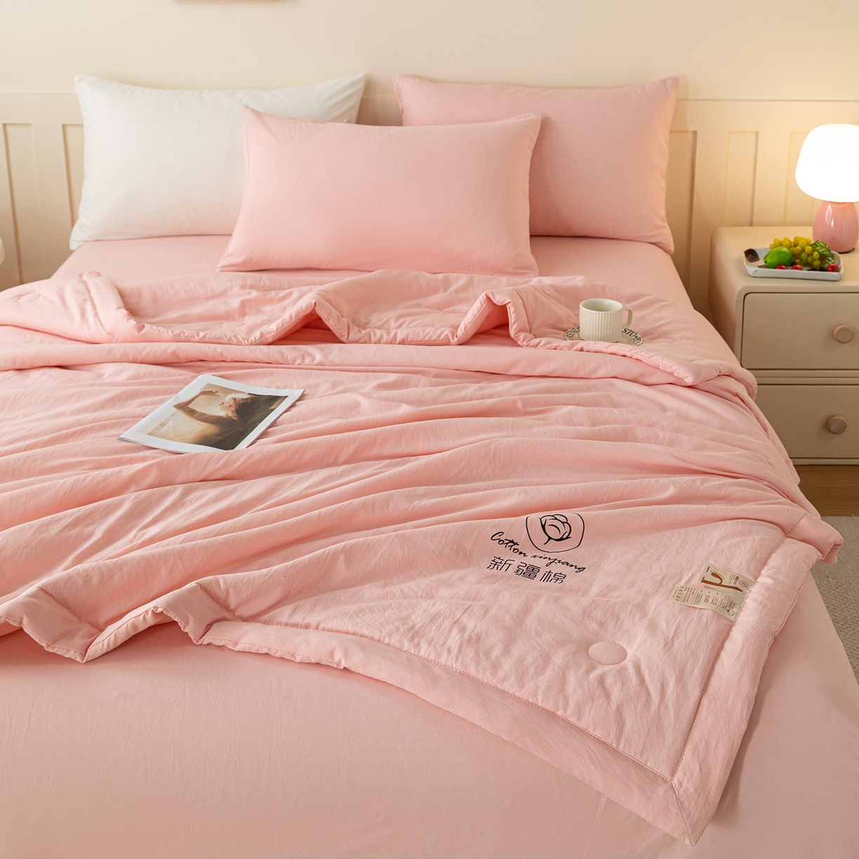 91家纺网 家纺一手货源 找家纺 安琪家纺 2026春夏新款A类新疆棉花纯色撞色双拼夏被夏凉被空调被 纯色-粉色
