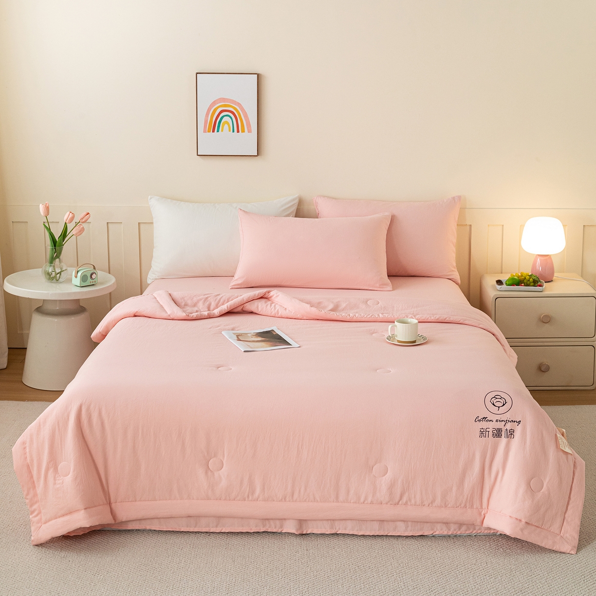 91家纺网 家纺一手货源 找家纺 安琪家纺 2026春夏新款A类新疆棉花纯色撞色双拼夏被夏凉被空调被 纯色-粉色