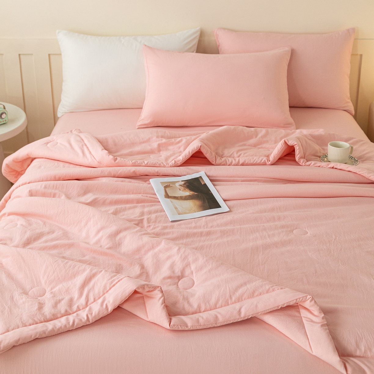 91家纺网 家纺一手货源 找家纺 安琪家纺 2026春夏新款A类新疆棉花纯色撞色双拼夏被夏凉被空调被 纯色-粉色