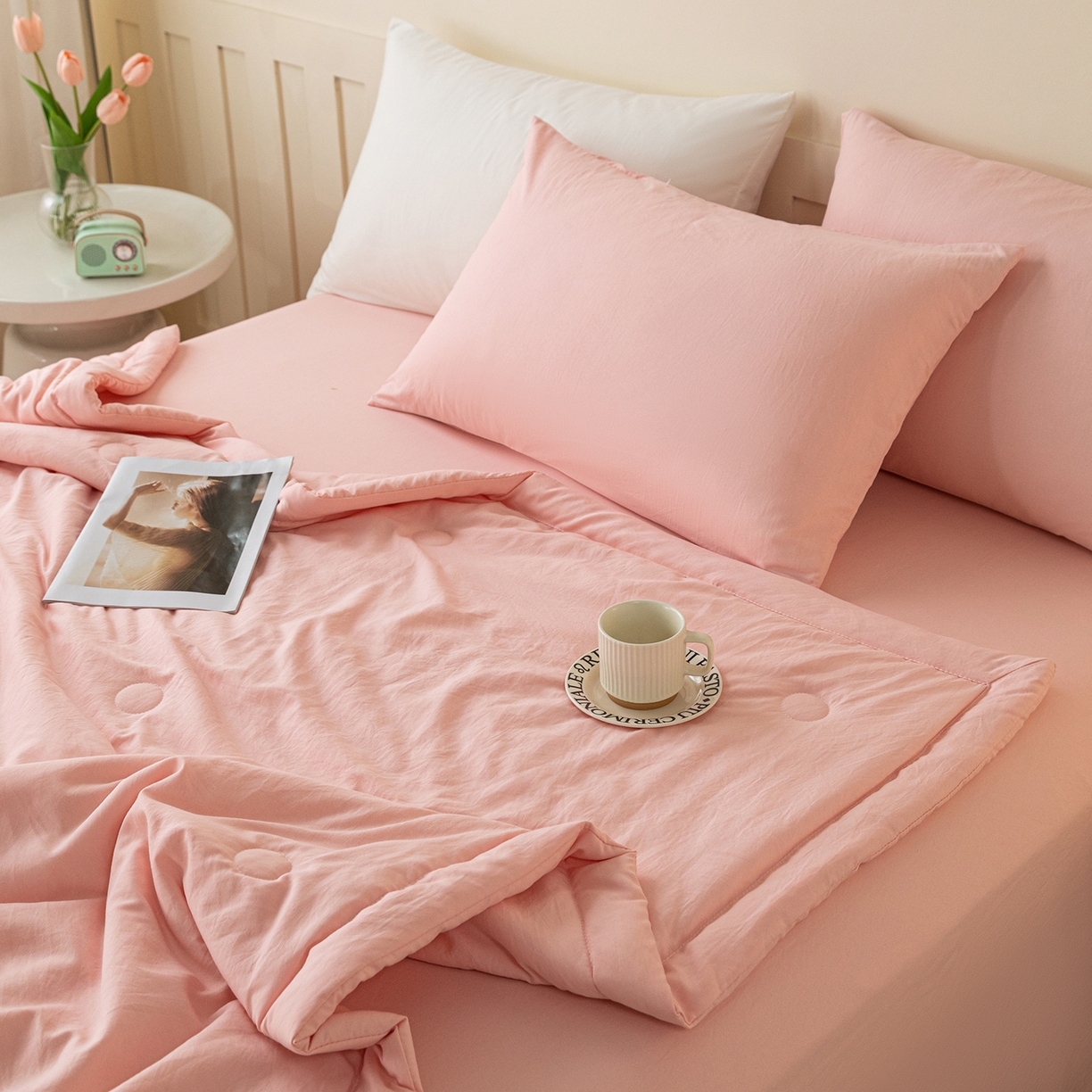 91家纺网 家纺一手货源 找家纺 安琪家纺 2026春夏新款A类新疆棉花纯色撞色双拼夏被夏凉被空调被 纯色-粉色