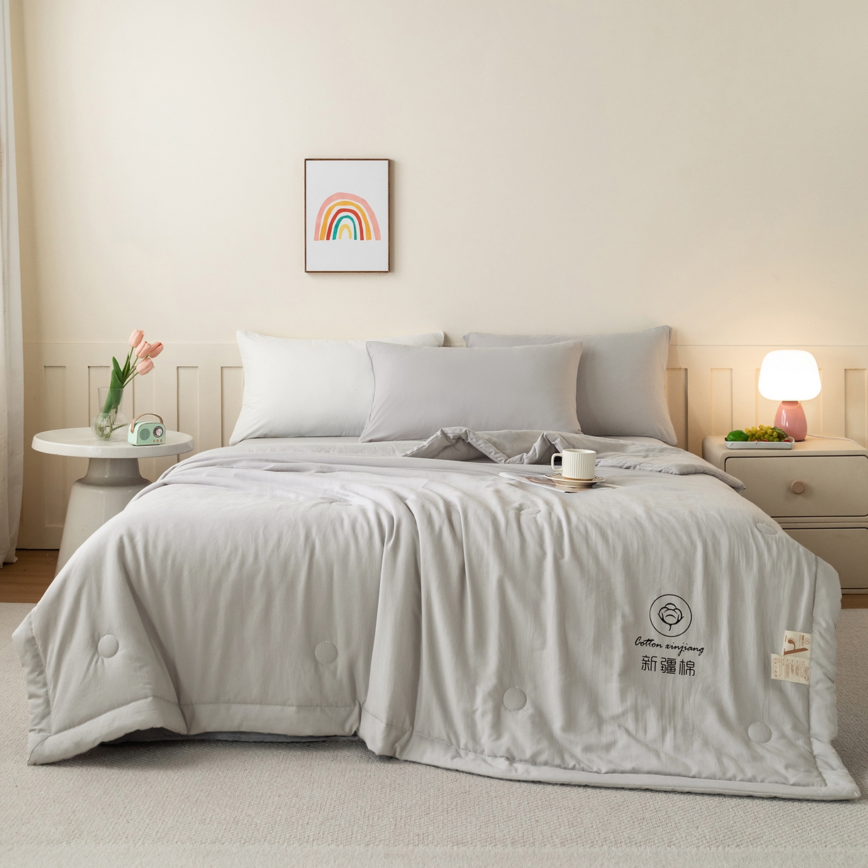 91家纺网 家纺一手货源 找家纺 安琪家纺 2026春夏新款A类新疆棉花纯色撞色双拼夏被夏凉被空调被 纯色-浅灰