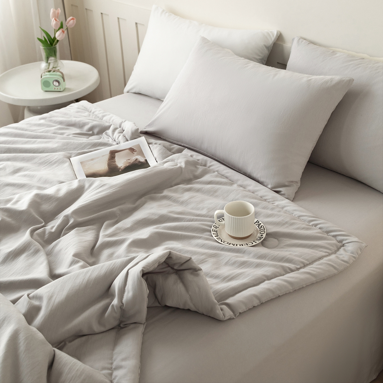 91家纺网 家纺一手货源 找家纺 安琪家纺 2026春夏新款A类新疆棉花纯色撞色双拼夏被夏凉被空调被 纯色-浅灰