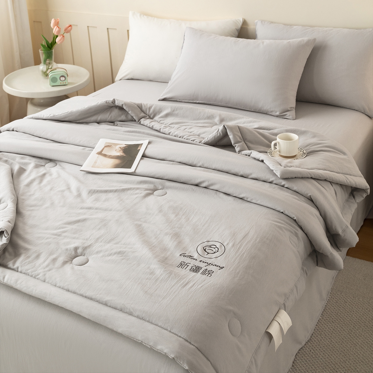91家纺网 家纺一手货源 找家纺 安琪家纺 2026春夏新款A类新疆棉花纯色撞色双拼夏被夏凉被空调被 纯色-浅灰