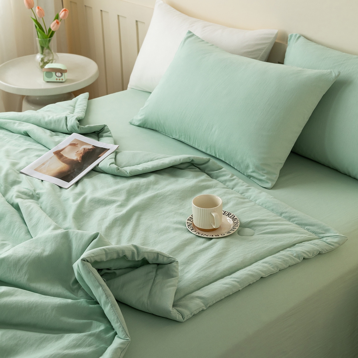 91家纺网 家纺一手货源 找家纺 安琪家纺 2026春夏新款A类新疆棉花纯色撞色双拼夏被夏凉被空调被 纯色-浅绿