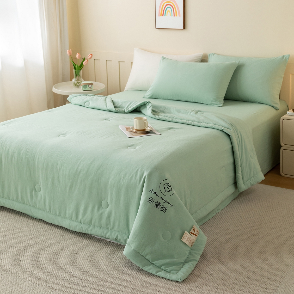 91家纺网 家纺一手货源 找家纺 安琪家纺 2026春夏新款A类新疆棉花纯色撞色双拼夏被夏凉被空调被 纯色-浅绿