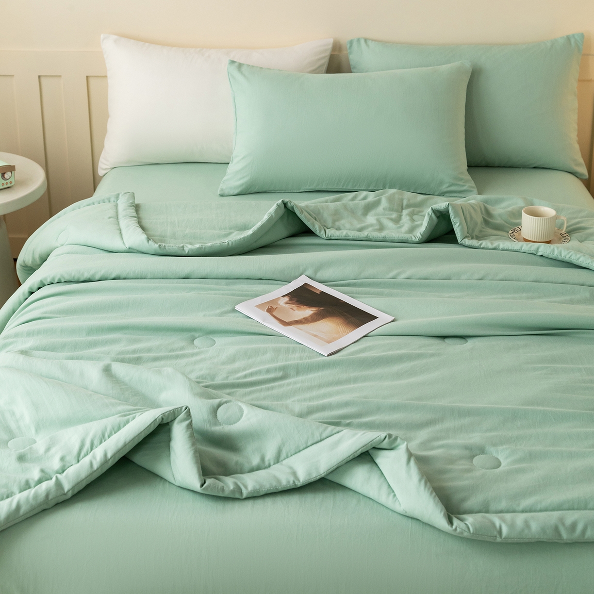 91家纺网 家纺一手货源 找家纺 安琪家纺 2026春夏新款A类新疆棉花纯色撞色双拼夏被夏凉被空调被 纯色-浅绿