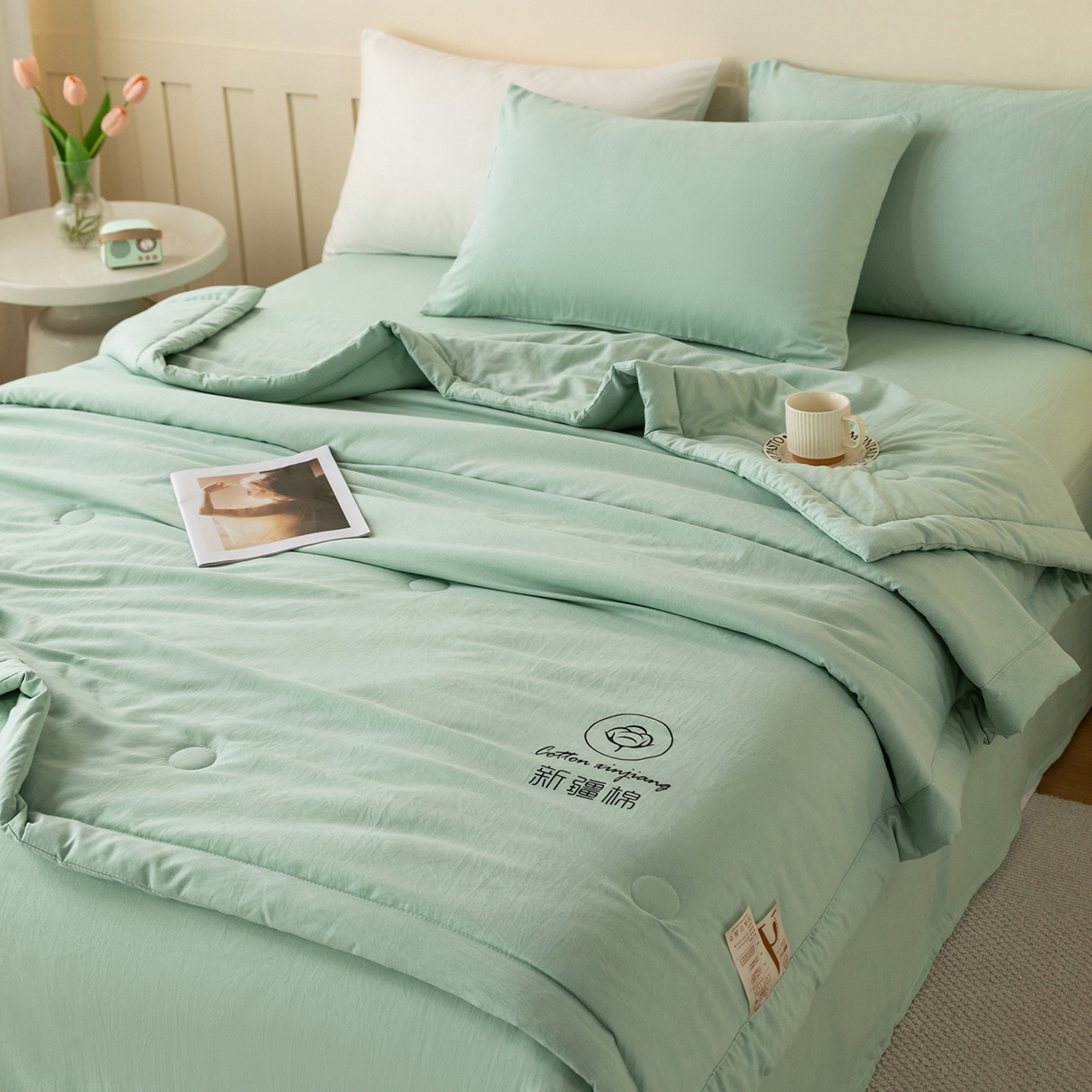 91家纺网 家纺一手货源 找家纺 安琪家纺 2026春夏新款A类新疆棉花纯色撞色双拼夏被夏凉被空调被 纯色-浅绿