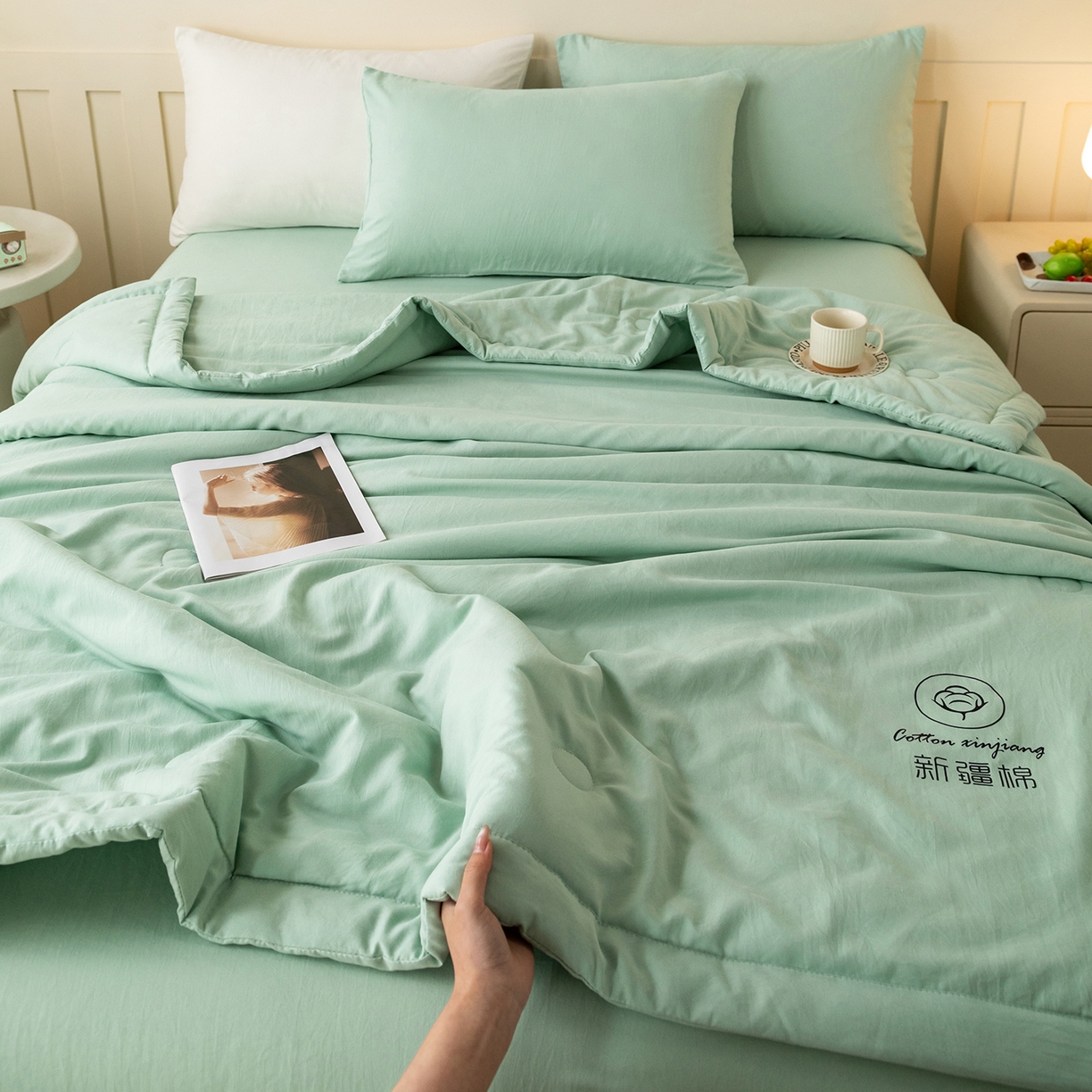 91家纺网 家纺一手货源 找家纺 安琪家纺 2026春夏新款A类新疆棉花纯色撞色双拼夏被夏凉被空调被 纯色-浅绿